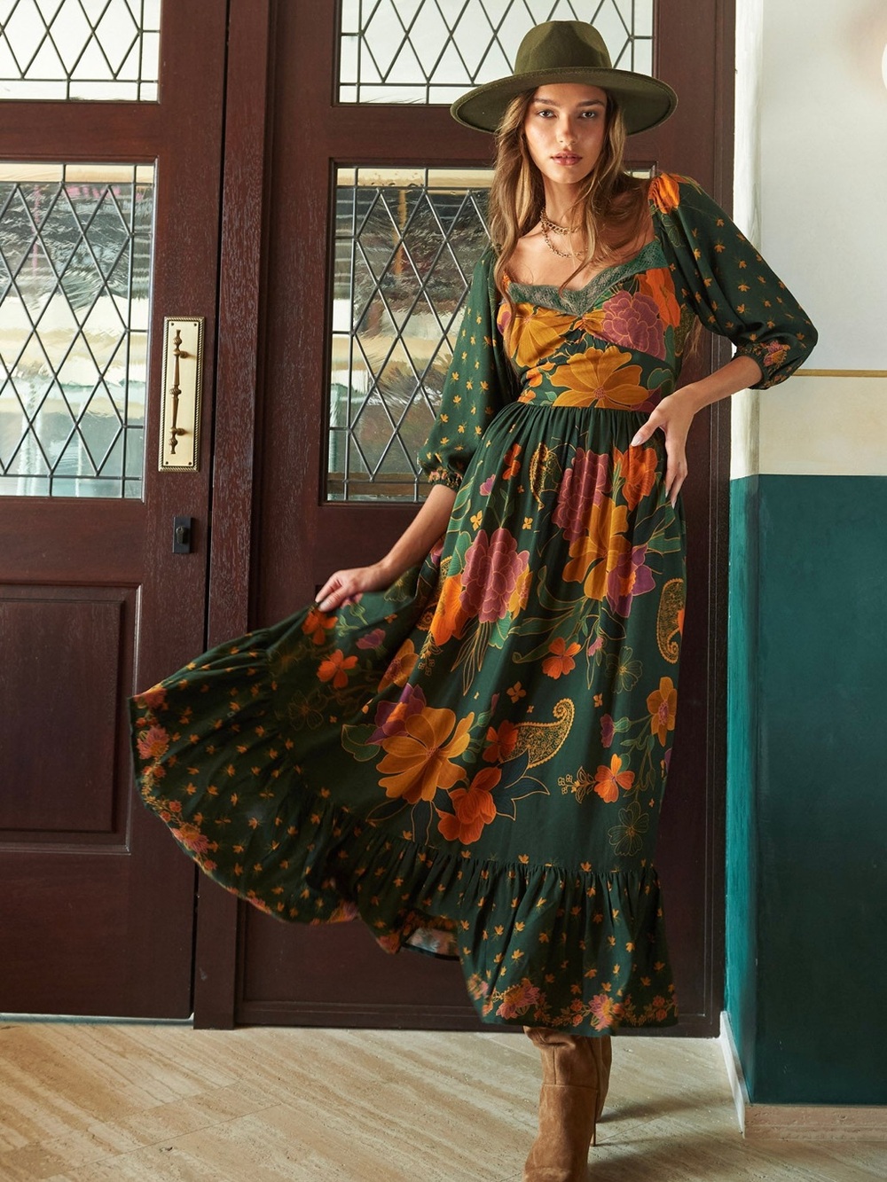 Z&L Floral Maxi Dress in Forest Green | Small